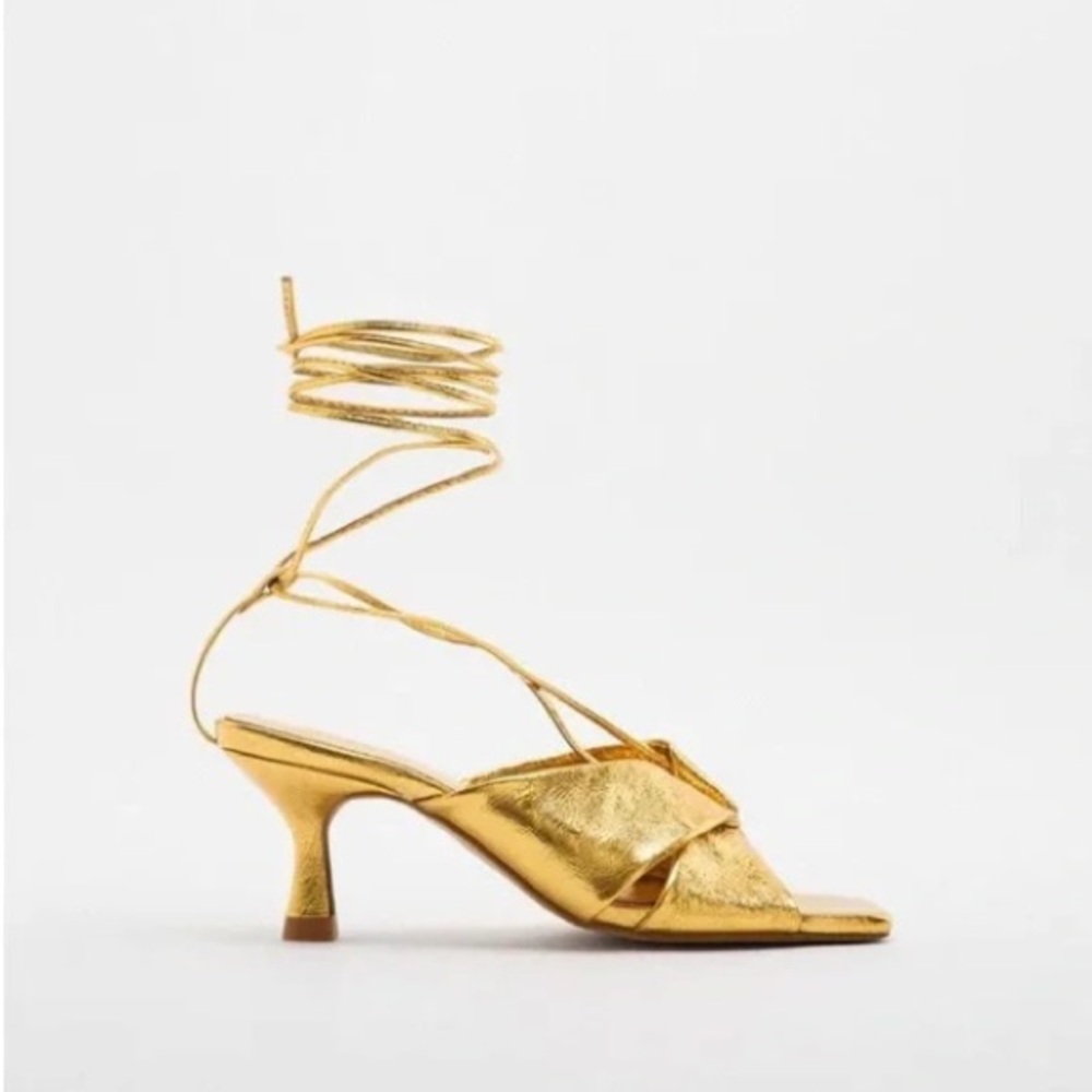 NWOT, ZARA, Lace Up Gold Sandals, us 7 1/2
